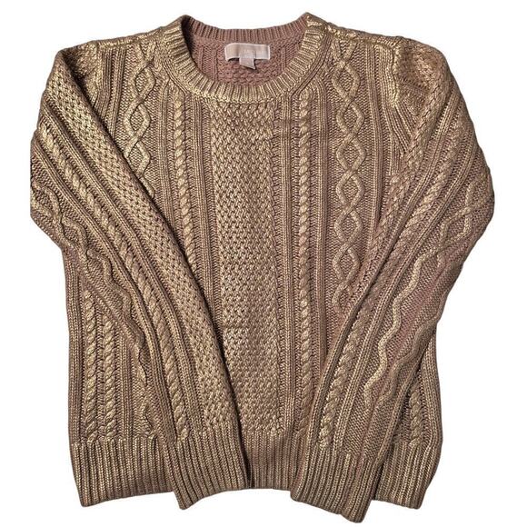 MICHAEL KORS RUBBED GOLD METALLIC PULLOVER SWEATER CHUNKY KNIT SIZE M NWOT - Picture 3 of 6